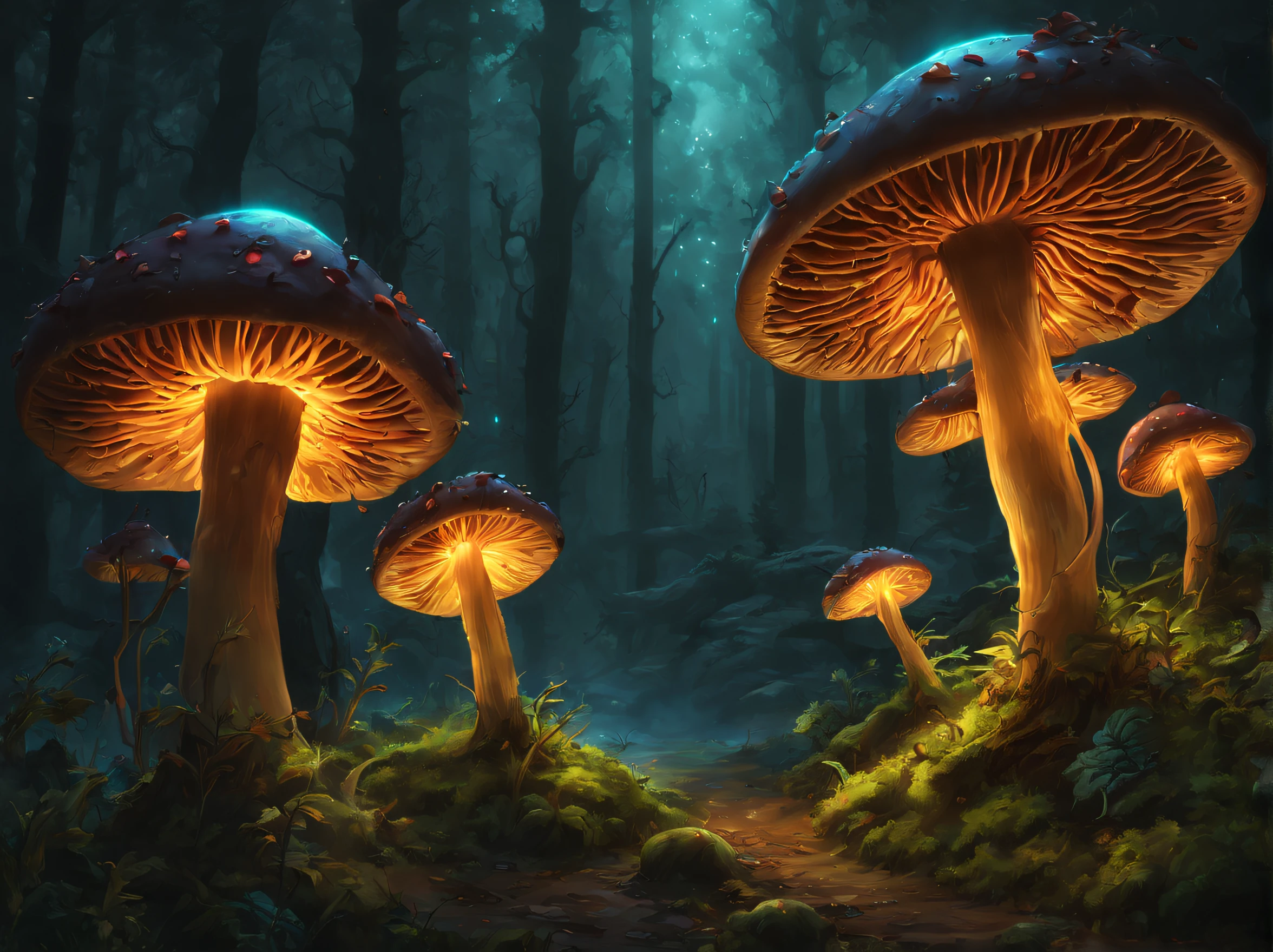 (The content is very detailed:1.2),(Best quality:1.2),8K,Focus sharp,(sub surface scattering:1.1)
(Glowing magic bioluminescent mushrooms:1.2),Psychedelic magic particles in the air,  (Neon bioluminescent mushroom forest at night:1.2), (Magical fireflies:1.2)
(Very detailed trees、Rocks and mosses:1.2), (very highly detailed background:1.3), rpg game, Elden ring styles, (Fantastical:1.3),(hyper realisitc:1.2), 电影灯光, The content is very detailed, art  stations,smooth private parts, Focus sharp, Art germ, Greg Rutkoski, Alphonse Mucha's, Editor&#39;s Picks, Popular topics on art websites, Trends on Deviantart, ample