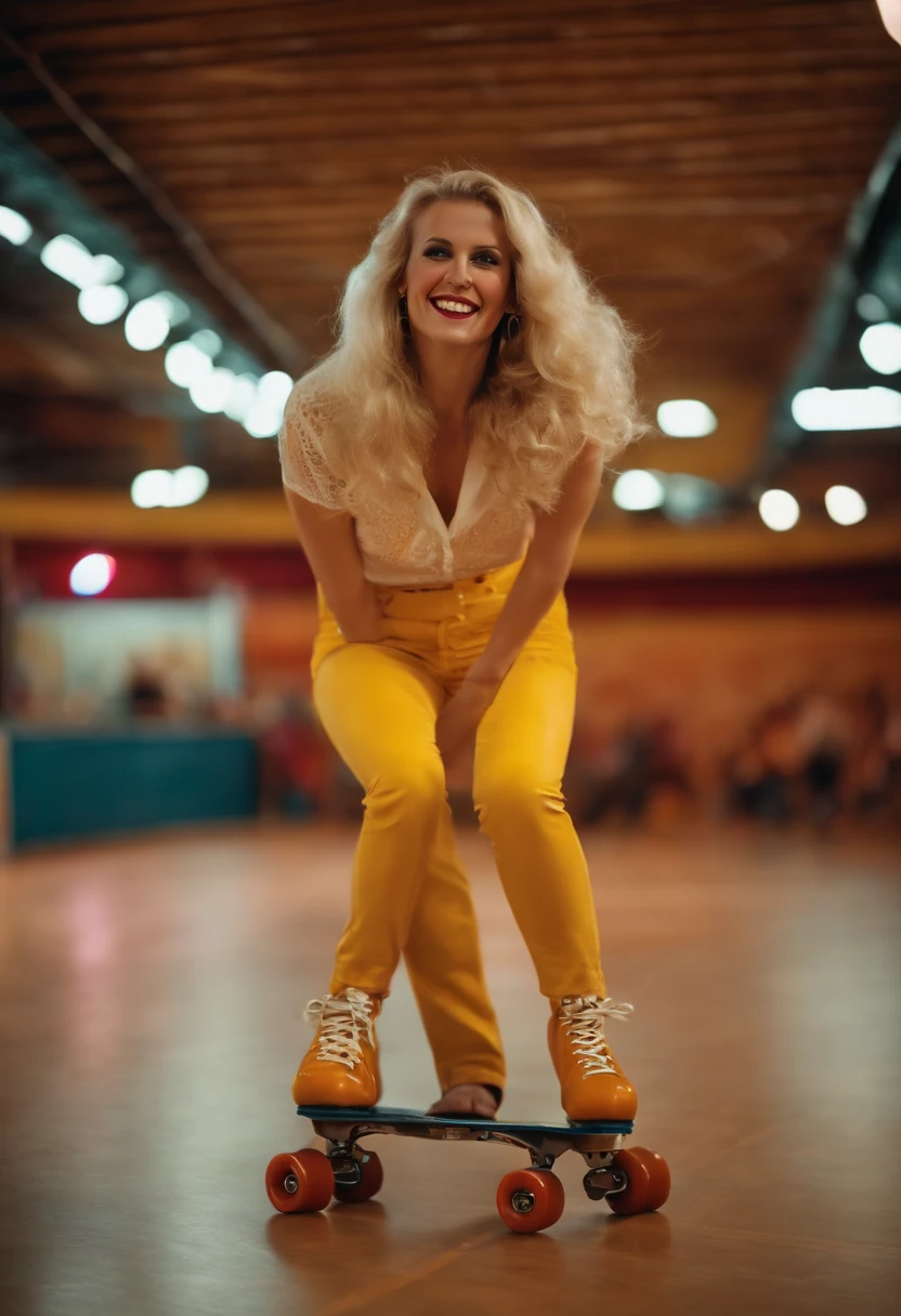 A photo of Rollergirl at a 70s themed roller disco, spinning and laughing with friends,Boogie Nights,Appearance-wise, Rollergirl is iconic for her constant wearing of roller skates, which complements her youthful, somewhat naive aura, and she embodies the quintessential ’70s look with her long blonde hair, minimal clothing, and carefree style. Her signature look, including the skates, symbolizes her perpetual motion and the rollercoaster nature of the life she leads., female