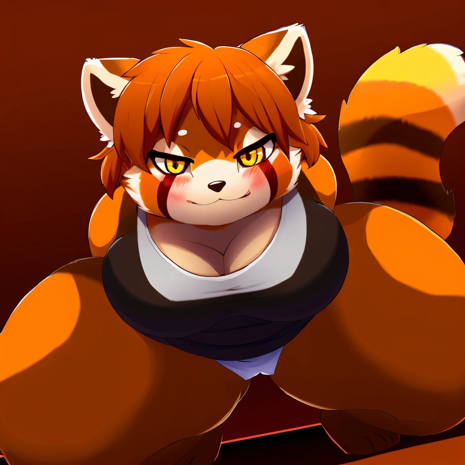 red panda, anthro, female, bbw, solo, tight black tank top, black skirt, looking at viewer, thick thighs, winking, intimidating, blushing, amber eyes, looking up perspective, perspective from tiny, (she is looking down at the tiny), leaning over, crouched down, low angle