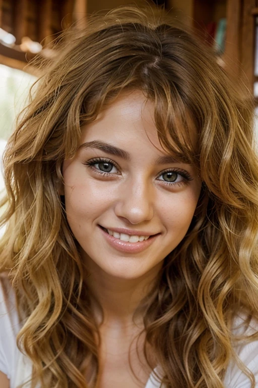  girl with wavy hair smiling lying in bed