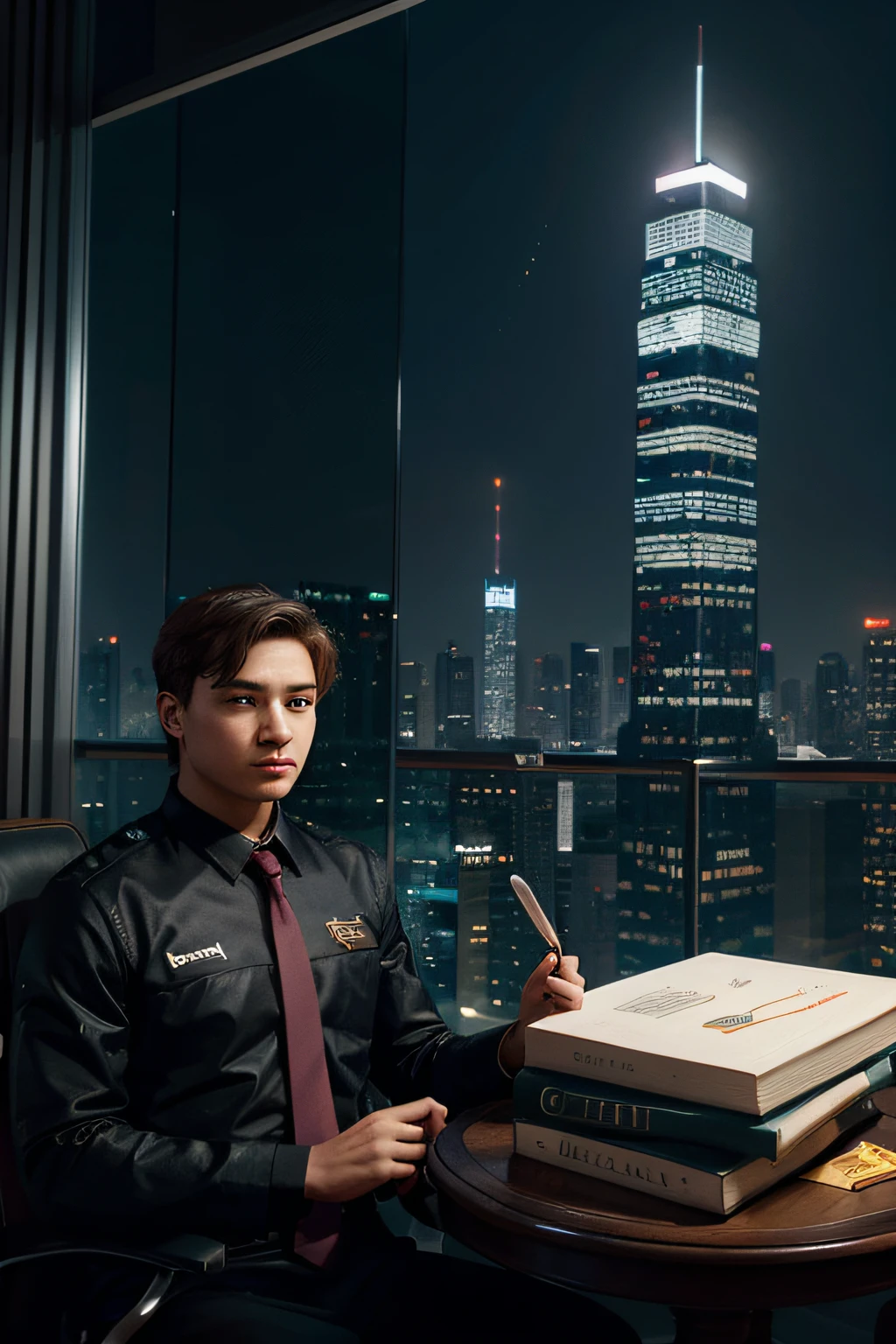 Generate a vivid AI illustration portraying unfulfilled dreams and goals, featuring skyscrapers, oversized books, and suspended achievement medals. The young man gazes at these aspirations with unwavering determination, creating an atmosphere of ambition and enthusiasm.