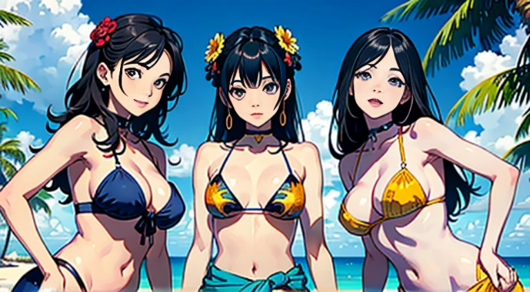 ​masterpiece、top-quality、超A high resolution、 [ 4 k digital art ]!!、 8k high quality detailed art、Wallpaper、 Detailed Digital Anime Art、Realisticity、Cinema Angle、hposing Gravure Idol、(((Three beautiful girls)))、cute  face、 ((Detailed depiction of a beautiful face))、kindly smile、年轻、Bikini swimwear、Photorealistic perfect body、(Bold ethnic patterns wrapped around the waist and skirt and plenty of primary colors)、light Particle、llight rays、Tropical、Against the background of palm trees、beach side、on a sunny beach、Against the background of the sea、blur backgroun、