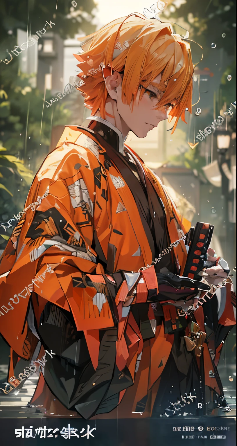 a man in an orange kimono standing in the rain, orange - haired anime boy, handsome guy in demon slayer art, wearing flowing robes, ((wearing aristocrat robe)), anime cover, anime highly detailed, male anime character, anime style only, male anime style, anime style. 8k, japanic style, anime asthetic, accurate depiction, style anime