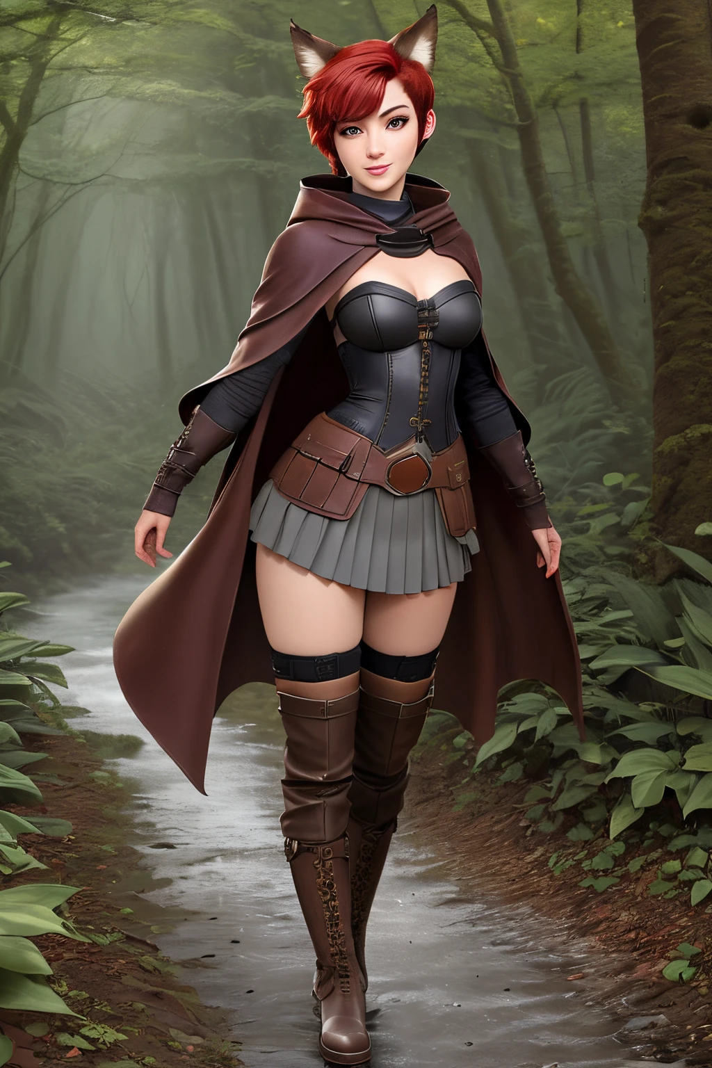 Beautiful 1girl in, full body, ager, Solo, (short pixie cut Hair, undercut red hair: 1.28), ((light gray eyes)), some small freckles, (dark fox ears: 1.35), pale skin, medium breasts, cleavage, (thin hips, thin waist: 1.25), (arched back:1.12), detailed skin, mischievous smile, (revealing clothes, brown leather, cowl, cloak, corset, skirt, long boots, buckles, straps, pouches, green fabric, brown leather: 1.1), (action shot, flying: 1.21), (detailed magical forest background:1.1), creek, overlooking opening in forest, relaxing, 4k textures, soft light, elegant, highly detailed, sharp focus, soothing tones, insane details, intricate details, hyperdetailed, high contrast, hdr
