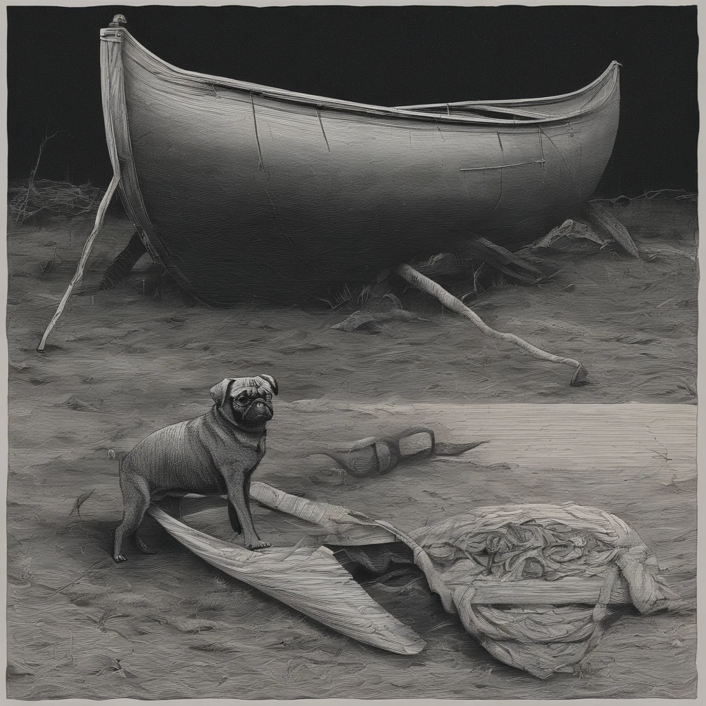 The pug dug furiously in the dirt, unearthing a mysterious tapestry depicting a pig in a canoe. I watched in bewilderment, wondering how on earth this strange artifact came to be buried on my farm. The pug seemed intent on showing me the tapestry, as if it contained some cryptic message I needed to decipher. What secrets might it reveal if I peered closer at the intricate stitches and patterns? Curiosity overwhelmed me as the tapestry fluttered lightly in the breeze, beckoning me toward adventure.