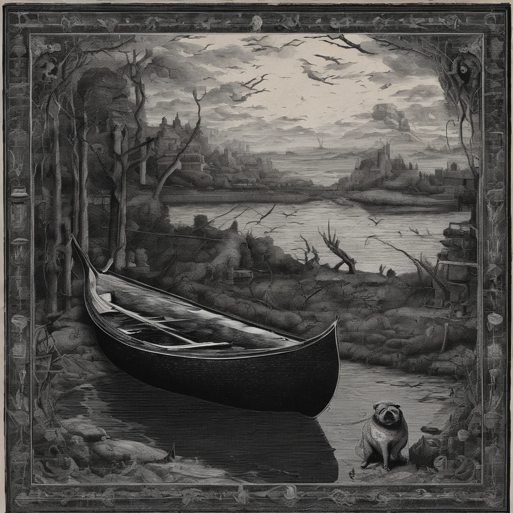 The pug dug furiously in the dirt, unearthing a mysterious tapestry depicting a pig in a canoe. I watched in bewilderment, wondering how on earth this strange artifact came to be buried on my farm. The pug seemed intent on showing me the tapestry, as if it contained some cryptic message I needed to decipher. What secrets might it reveal if I peered closer at the intricate stitches and patterns? Curiosity overwhelmed me as the tapestry fluttered lightly in the breeze, beckoning me toward adventure.