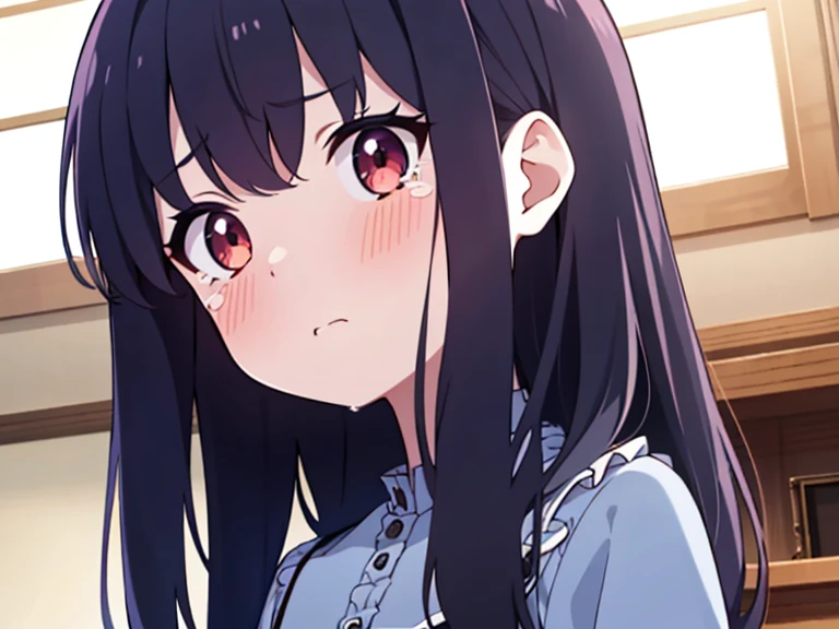 1 girl, upper body, miserable, blush, indoors, long hair, ultra close distance shot, front, front face shot, looking at viewer, from below, sexy, opening military jacket, lace frill tube top tee, tears, bedroom, lover, self,stare at us