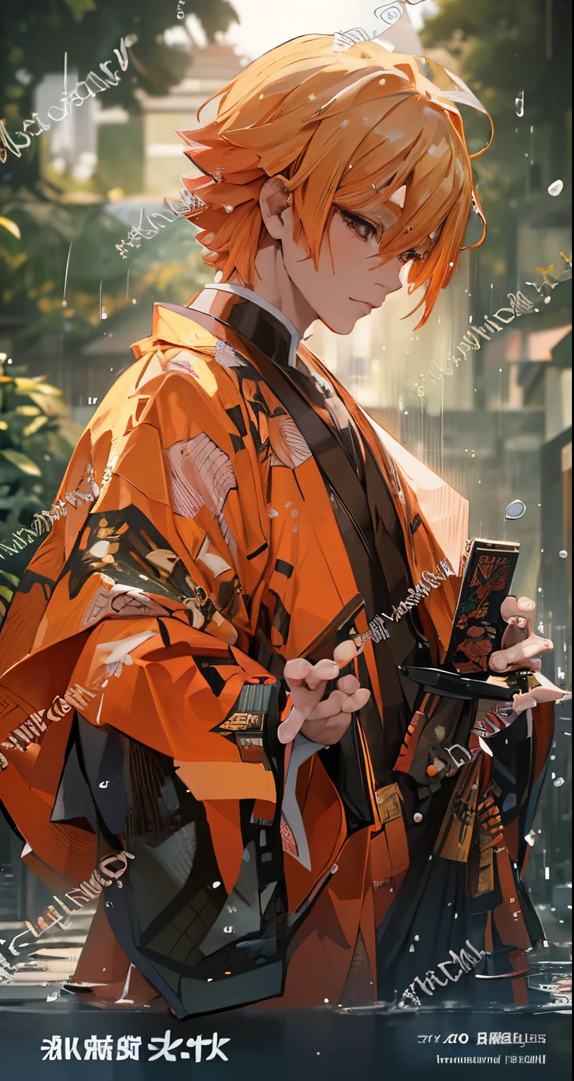 a man in an orange kimono standing in the rain, orange - haired anime boy, handsome guy in demon slayer art, wearing flowing robes, ((wearing aristocrat robe)), anime cover, anime highly detailed, male anime character, anime style only, male anime style, anime style. 8k, japanic style, anime asthetic, accurate depiction, style anime