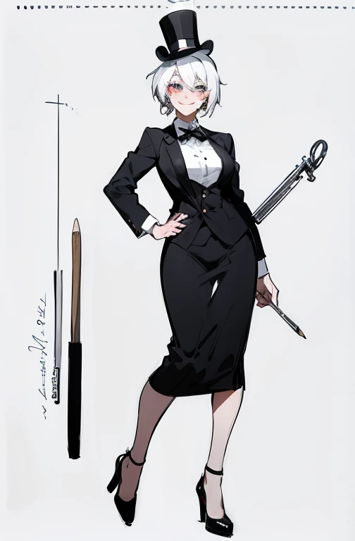 (female monopoly mascot) white hair, smiling, tiny cartoon of a business woman (mature, adult) in a top hat and suit, tight skirt, walking_stick, monopoly, capitalist, rich, full body, (pencil_sketch) monochrome