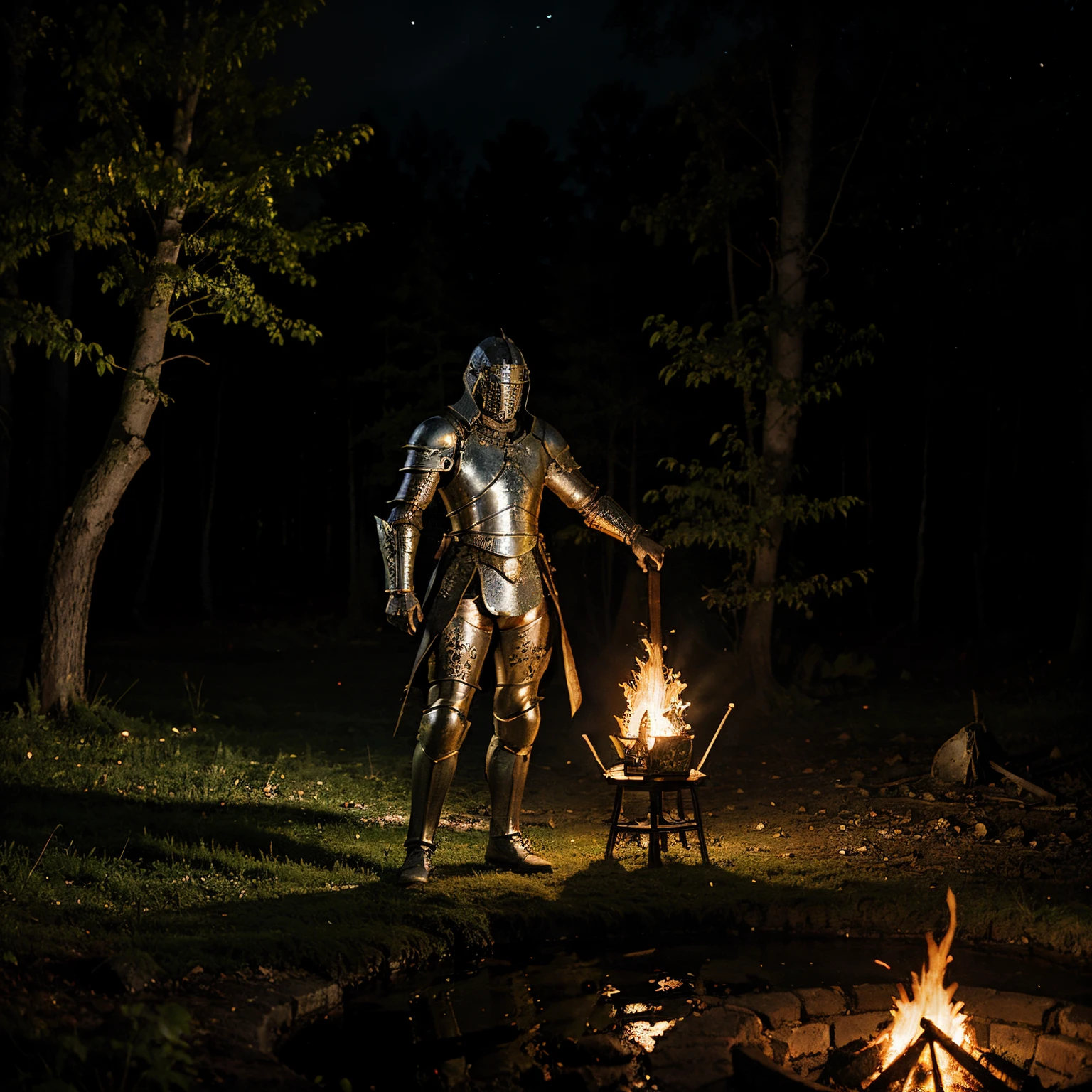 Medieval knight in moonlit forest clearing by pond and campfire, Lovecraft, detailed armor, fantasy