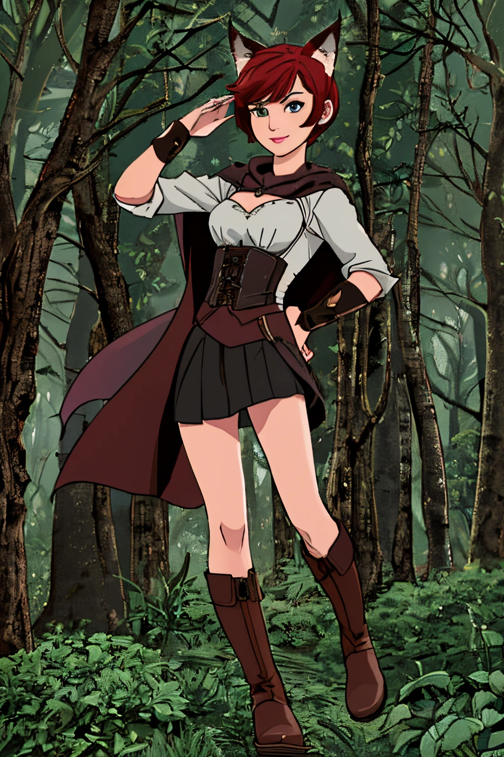 Beautiful 1girl in, full body, teenager, Solo, (short pixie cut Hair, undercut red hair: 1.28), ((light gray eyes)),  some small freckles, (dark fox ears: 1.35), pale skin, medium breasts, cleavage, (thin hips, thin waist: 1.25), (arched back:1.12), detailed skin, mischievous smile, (revealing clothes, brown leather, cowl, cloak, corset, skirt, long boots, buckles, straps, pouches, green fabric, brown leather: 1.1), (action shot, flying: 1.21), (detailed magical forest background:1.1), creek, overlooking opening in forest, relaxing, 4k textures, soft light, elegant, highly detailed, sharp focus, soothing tones, insane details, intricate details, hyperdetailed, high contrast, hdr