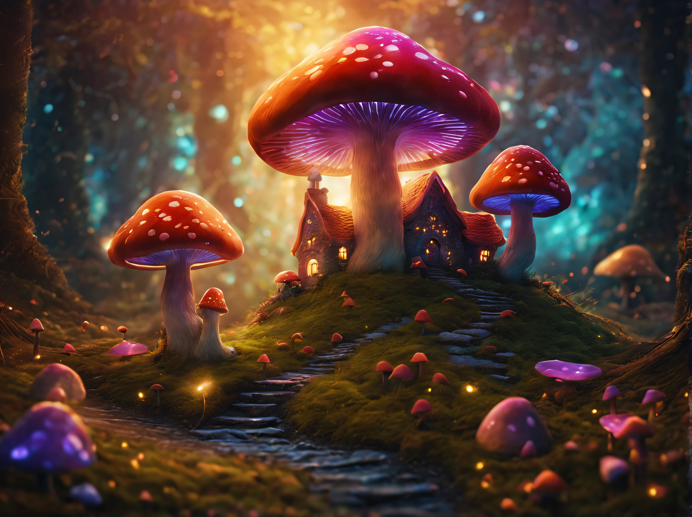 Fantastic and magical, Atmospheric, Obsessed, Dream Mushroom Forest, There is a mysterious castle,There are mushrooms and magic in every color everywhere, Ethereal elves, glowing neon lights, Magical creatures roam among mushrooms, mystical ambiance, Whimsical charm, vivd colour, Fantastical Atmosphere, mysterious creature, Glowing Elves, enchanting landscape, magical light, Charming mushrooms, captivating lighting, Fantasy realm, otherworldly beauty, magical aura, mesmerizing charm, Ethereal charm, Charming elves, Vibrant and surreal, Glowing mushrooms,A mysterious castle,surreal dreamscape, Mystic energy, Field of magic, Charming mushrooms, Charming and magical, flash lights, Fantastical Atmosphere, dreamlike landscapes, Whimsical castle, amazing scenery, Glamorous spirits, attractive beauty, Ethereal charm, whimsically,with dynamism, otherworldly realm, A brightly lit wonderland.