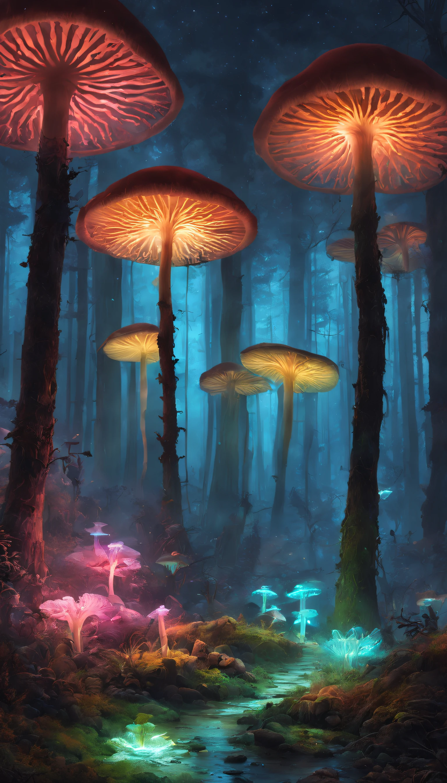 Ice Demon AI, Bioluminescent Mushroom Forest, Colorful environment