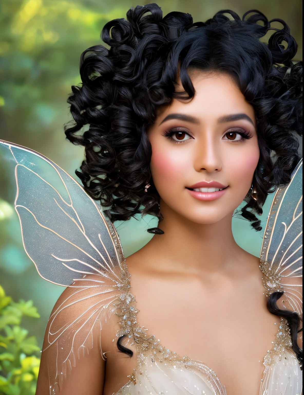 Tan Mexican fairy with curly black hair ethereal