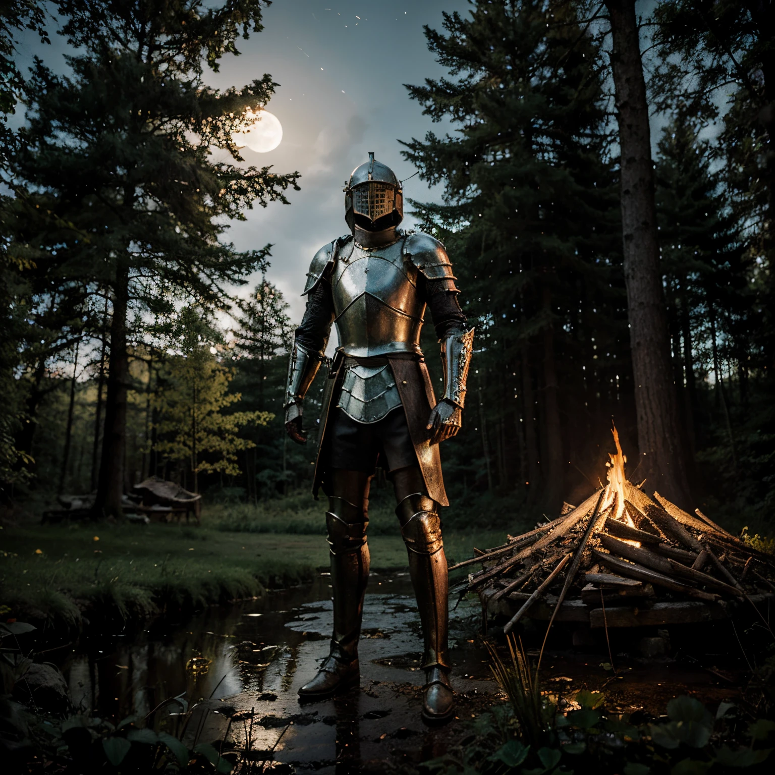 Medieval knight in moonlit forest clearing by pond and campfire, Lovecraft, detailed armor, fantasy