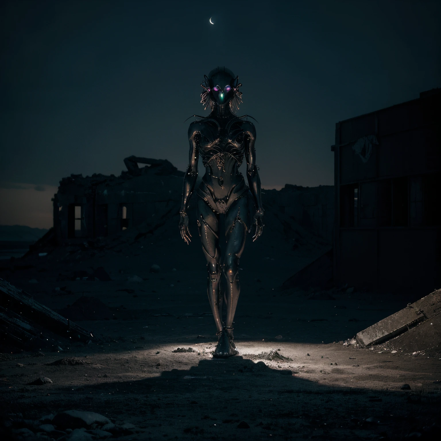 In a desolate, moonlit landscape, a creepy lone figure emerges, their silhouette contorted and grotesque against the eerie glow. Closer inspection reveals a fusion of organic and mechanical elements sinister tendrils of pulsating flesh intertwining with cold, metallic structures.  The air is thick with an otherworldly hum, and a sickly, iridescent light emanates from the aberrant fusion. This image prompt invites exploration into the realm of body horror, prompting creative minds to unravel the unsettling narrative within this grotesque tableau, 3d, 4k