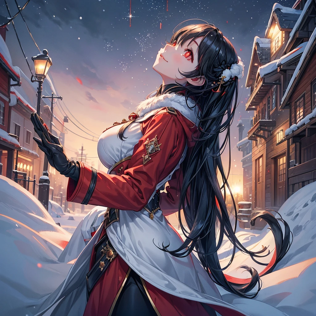 i'ts snowing, masterpiece:1.3, beautiful detailed grow, looking up to sky, black long hair girl, bigboobs, (twinkling red eyes:1.4), sexsy smile, in a red long coat, in the snow town.