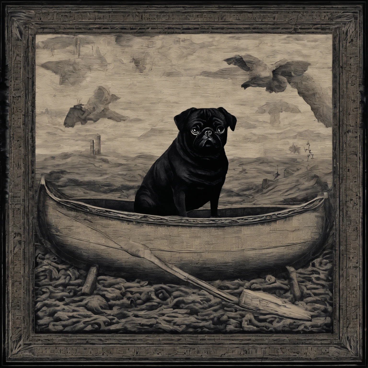 The pug dug furiously in the dirt, unearthing a mysterious tapestry depicting a pig in a canoe. I watched in bewilderment, wondering how on earth this strange artifact came to be buried on my farm. The pug seemed intent on showing me the tapestry, as if it contained some cryptic message I needed to decipher. What secrets might it reveal if I peered closer at the intricate stitches and patterns? Curiosity overwhelmed me as the tapestry fluttered lightly in the breeze, beckoning me toward adventure.