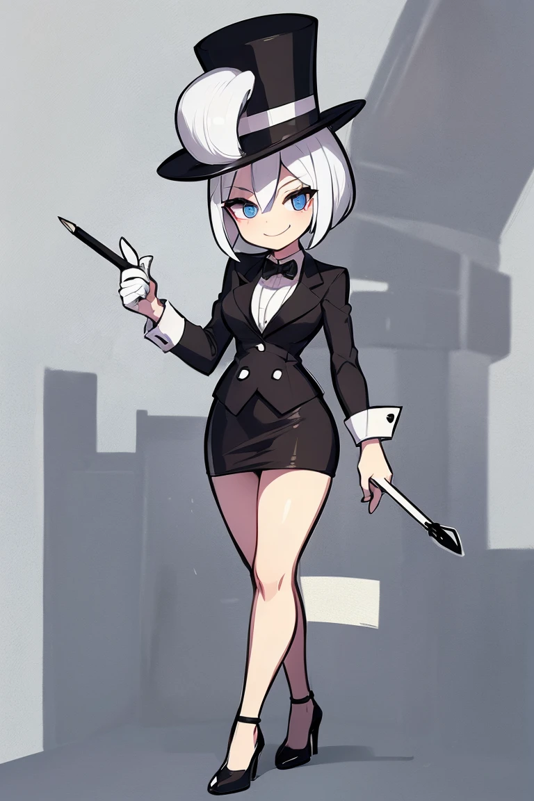 (female monopoly mascot) white hair, smiling, tiny cartoon of a business woman (mature, adult) in a top hat and suit, tight skirt, walking_stick, monopoly, capitalist, rich, full body, (pencil_sketch) monochrome