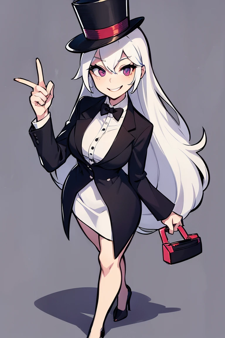 (female monopoly mascot) white hair, smiling, tiny cartoon of a business woman (mature, adult) in a top hat and suit, tight skirt, walking_stick, monopoly, capitalist, rich, full body, (pencil_sketch) monochrome