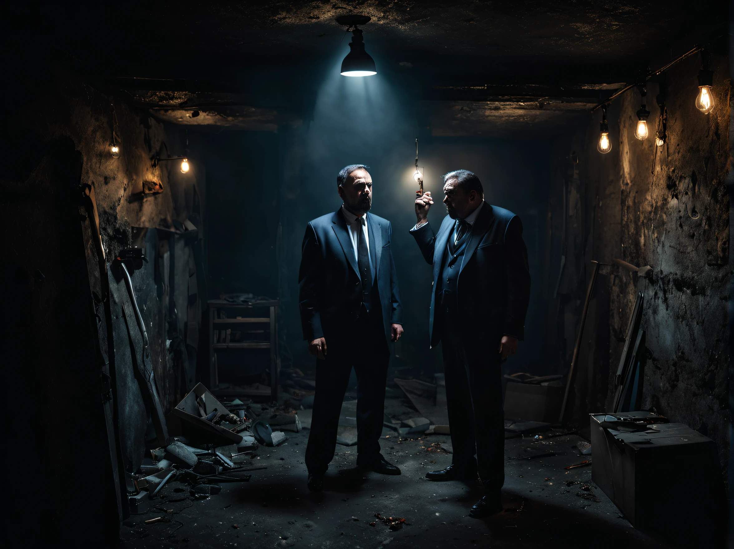 (8k, raw photo, ultra detailed, masterpiece), the italian mafia is torturing the informer in the basement. In the dark cellar. one light bulb is lighting up the basement. angry, violent, competition, negotiation, cinematic lighting, shot on wide angle lens, dark background, blue-grey tone, low key
