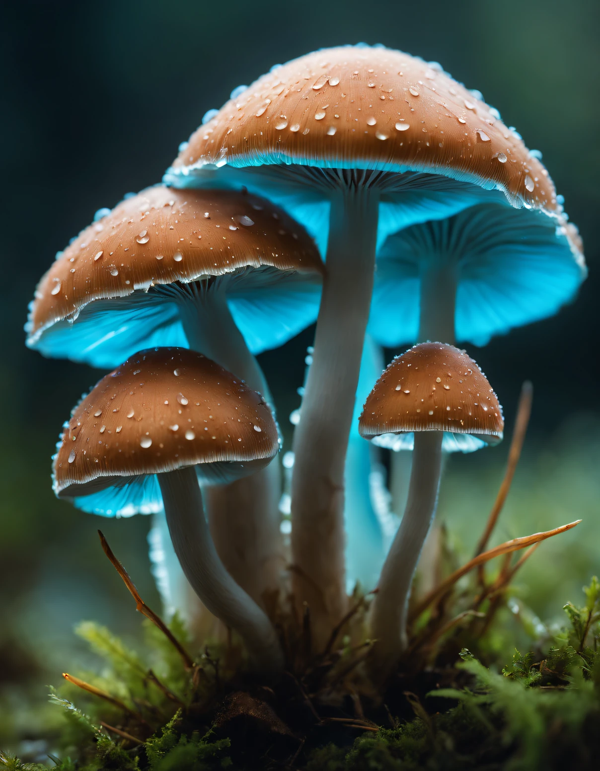Close up photography, Catch an abundance of glowing mushrooms with fresh water drops in the soft morning light,Luminous cells in mushroom gills produce faint blue fluorescence through bioluminescence,Multi-layer combination, ultra - detailed, Photographed by Sony Alpha 7c using 105mm Macro F2, 8K