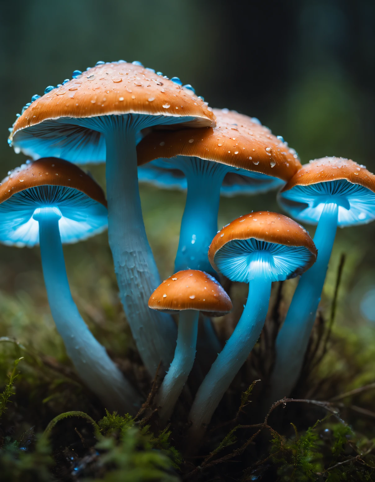 Close up photography, Catch an abundance of glowing mushrooms with fresh water drops in the soft morning light，Luminous cells in mushroom gills produce faint blue fluorescence through bioluminescence，Multi-layer combination, ultra - detailed,  Photographed by Sony Alpha 7c using 105mm Macro F2， 8K