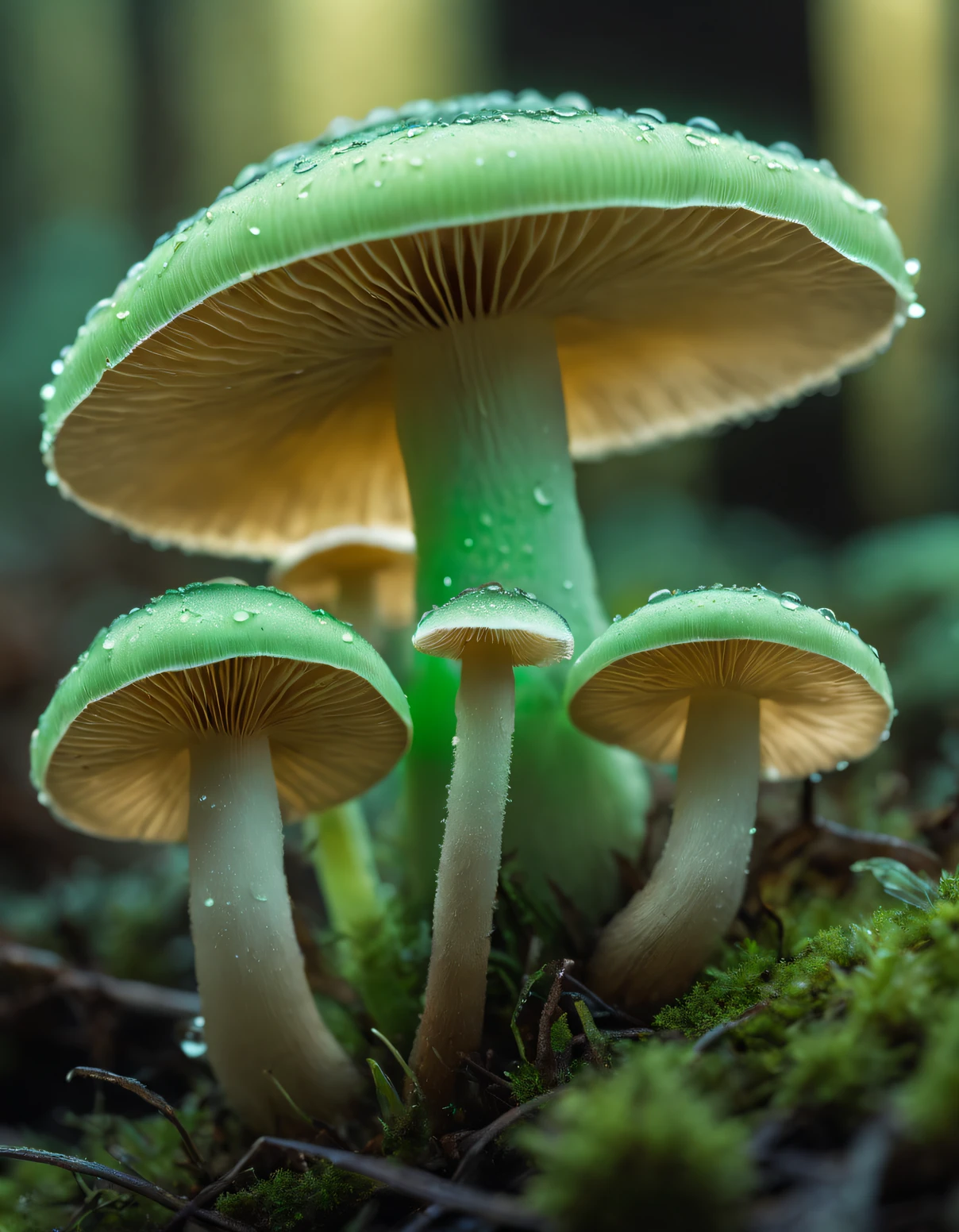 Close up photography, Catch an abundance of glowing mushrooms with fresh water drops in the soft morning light，Luminous cells in mushroom gills produce light green faint fluorescence through bioluminescence，Multi-layer combination, ultra - detailed,  Photographed by Sony Alpha 7c using 105mm Macro F2， 8K