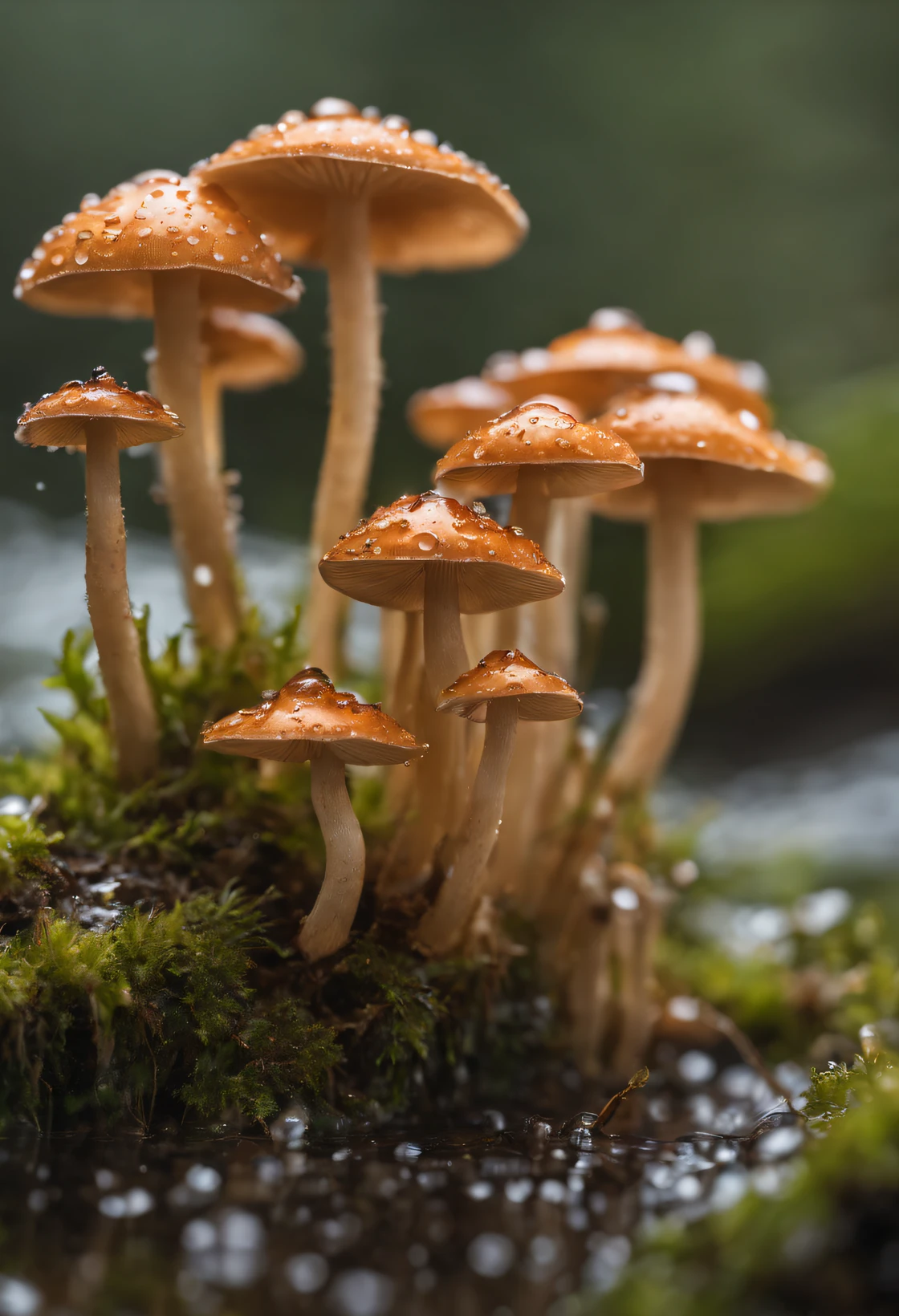 Close up photography, Capture many reflective mushrooms with fresh water drops in the soft morning light. Multi-layer combination, ultra - detailed, Photographed by Sony Alpha 7c using 105mm Macro F2. 8, 8k - AR 1080:1920s-1950s
