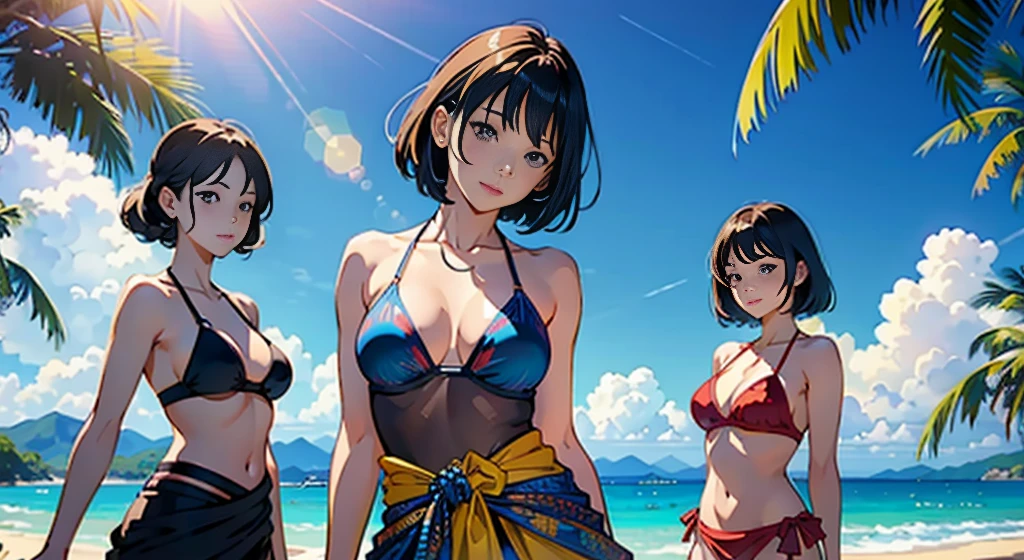 ​masterpiece、top-quality、超A high resolution、 [ 4 k digital art ]!!、 8k high quality detailed art、Wallpaper、 Detailed Digital Anime Art、Realisticity、Cinema Angle、hposing Gravure Idol、(((Three Beautiful Girls)))、cute  face、(((Detailed depiction of a beautiful face)))、kindly smile、年轻、Bikini swimwear、Photorealistic perfect body、(Bold ethnic patterns wrapped around the waist and skirt and plenty of primary colors)、light Particle、llight rays、Tropical、Against the background of palm trees、beach side、on a sunny beach、Against the background of the sea、blur backgroun、