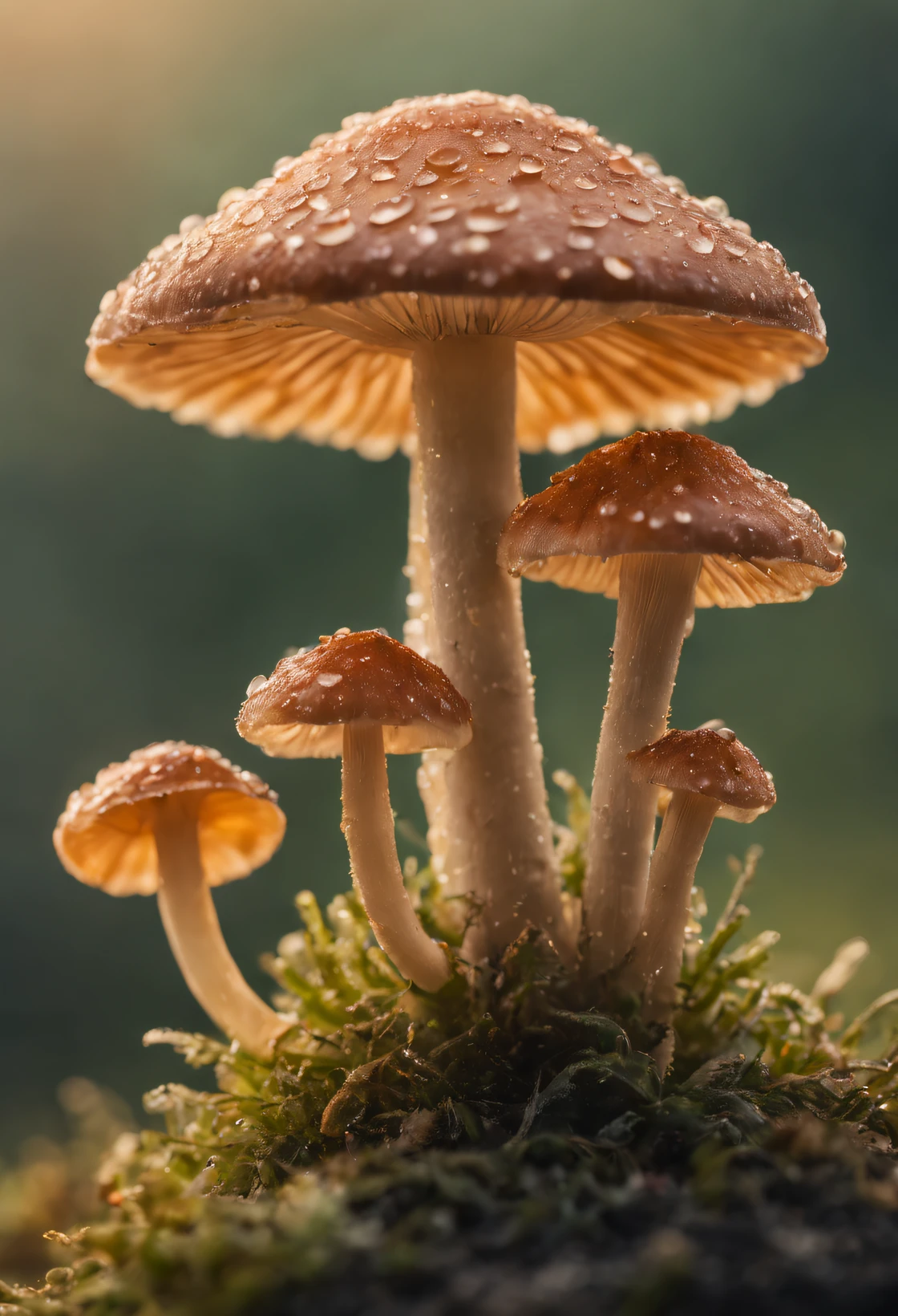 Close up photography, Capture many mushroom flowers with fresh water drops in soft morning light. Multi-layer combination, ultradetailed, Photographed by Sony Alpha 7c using 105mm Macro F2. 8, 8k - AR 1080:1920-1950s
