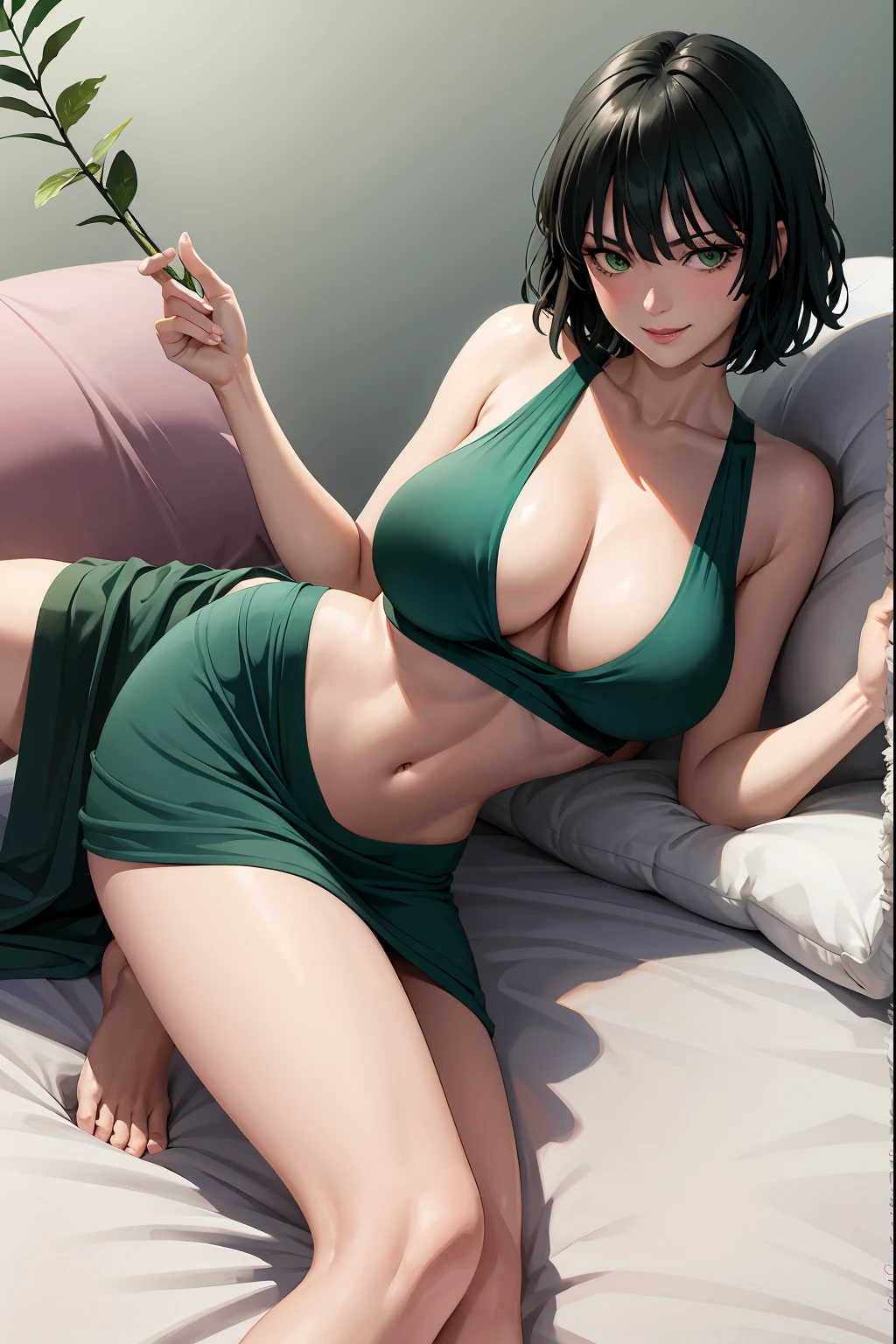 Fubuki, master piece, best image quality, facing the camera, evil smile, green skirt, Sexy tall, looking straight at the camera, short hair, Perfect bodies, seaside, green hair, off-the-shoulder clothes, big breasts, Fubuki and shes laying in bed fully naked huge boobs and pink vagina and shes blushing and spreading her legs