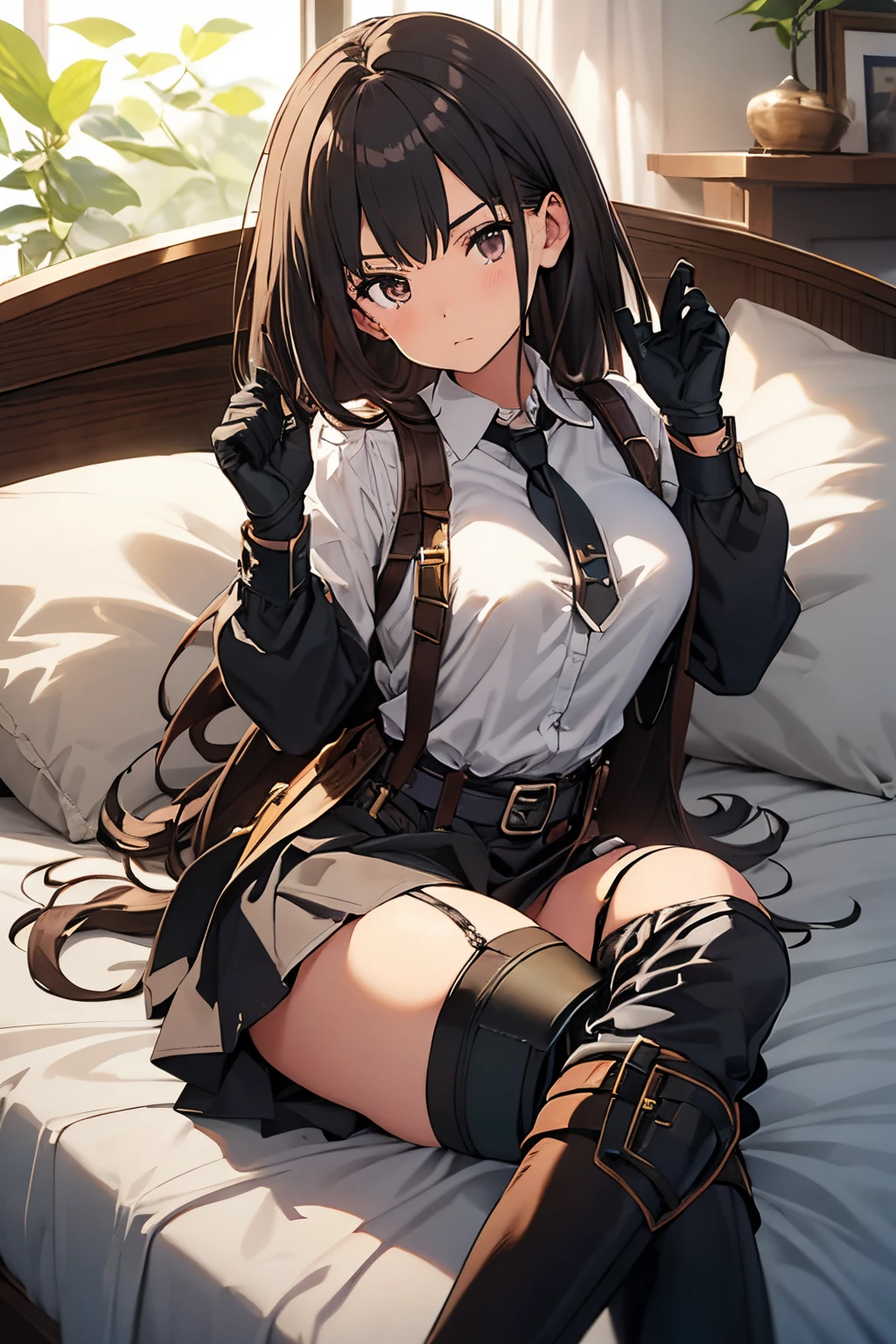 Brown hair、watching at viewers　　　black suspenders　　　Bulging big breasts　　 　 　　　walls: 　Black miniskirt　garters　　　　　　Gaze　　　Small face　bangss 　　　holster　　Belt Armament　Beautuful Women　srestrained　hands up　Lying in bed　Leg holster lying on the bed　　Gaze 　black boots panty shot