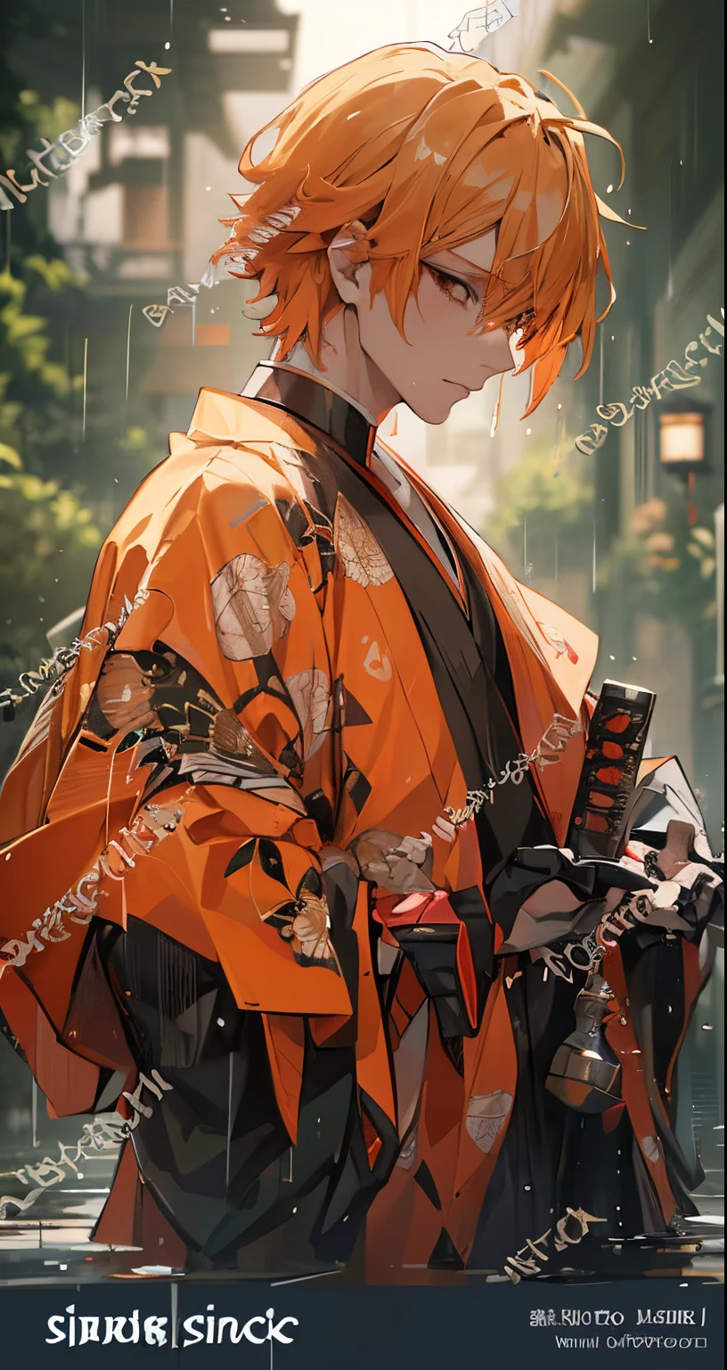 a man in an orange kimono standing in the rain, orange - haired anime boy, handsome guy in demon slayer art, wearing flowing robes, ((wearing aristocrat robe)), anime cover, anime highly detailed, male anime character, anime style only, male anime style, anime style. 8k, japanic style, anime asthetic, accurate depiction, style anime