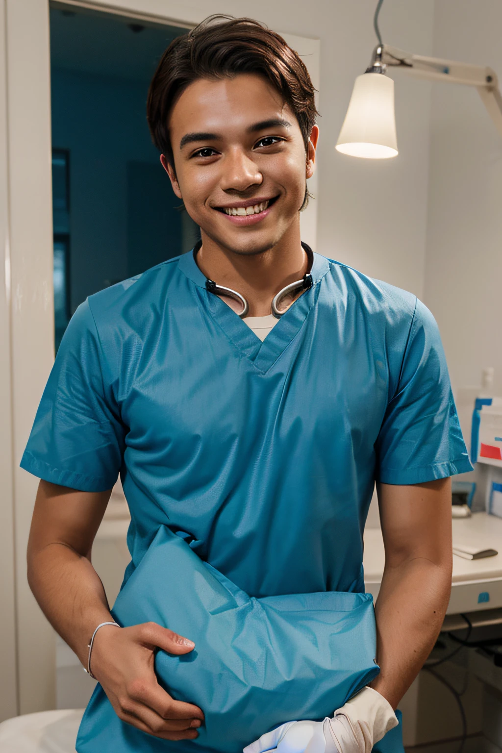 Generate a full-body AI illustration of a young man with a warm smile, actively providing medical assistance. Showcase him engaged in actions such as offering medical care or support, capturing the positive and compassionate essence of the moment.