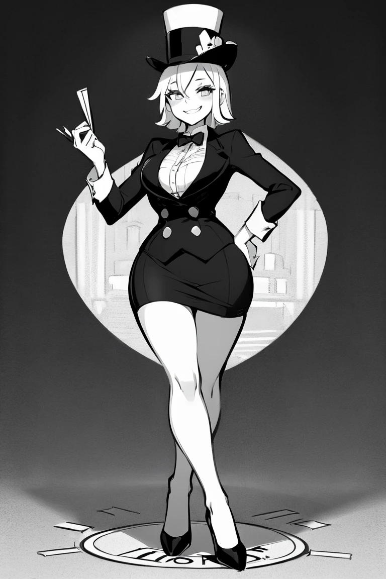 (female monopoly mascot) white hair, smiling, tiny cartoon of a business woman (mature, adult) in a top hat and suit, tight skirt, walking_stick, monopoly, capitalist, rich, full body, (pencil_sketch) (black and white palette), monochrome