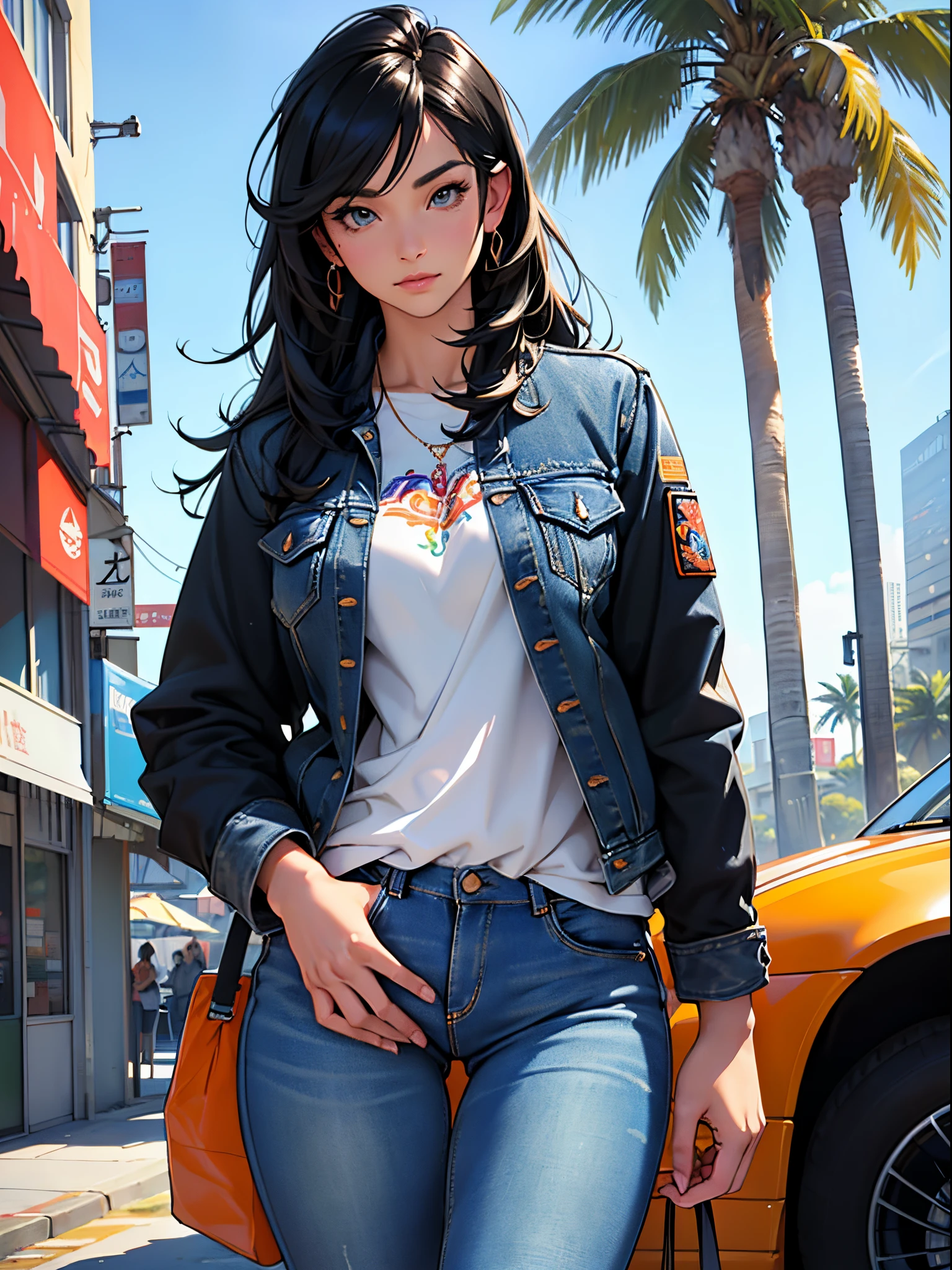 Orange and Indigo Keynote Speech、Vibrant colors、((masterpiece)))、(((top-quality)))、((ultra-detailliert))、(A hyper-realistic)、(highly detailed CGillustration)、Official art、CD cover、urbane、City Pop、Palm trees、seaside、Long Black Hair、It will be、Cool feeling、Mid summer、Stylish、glorious 1980s、Cool Beauty、cochetti gorgeous、matchless beauty、jaket、jeans、Female Solo、Perfect Angle、perfect-composition、Face Close-up