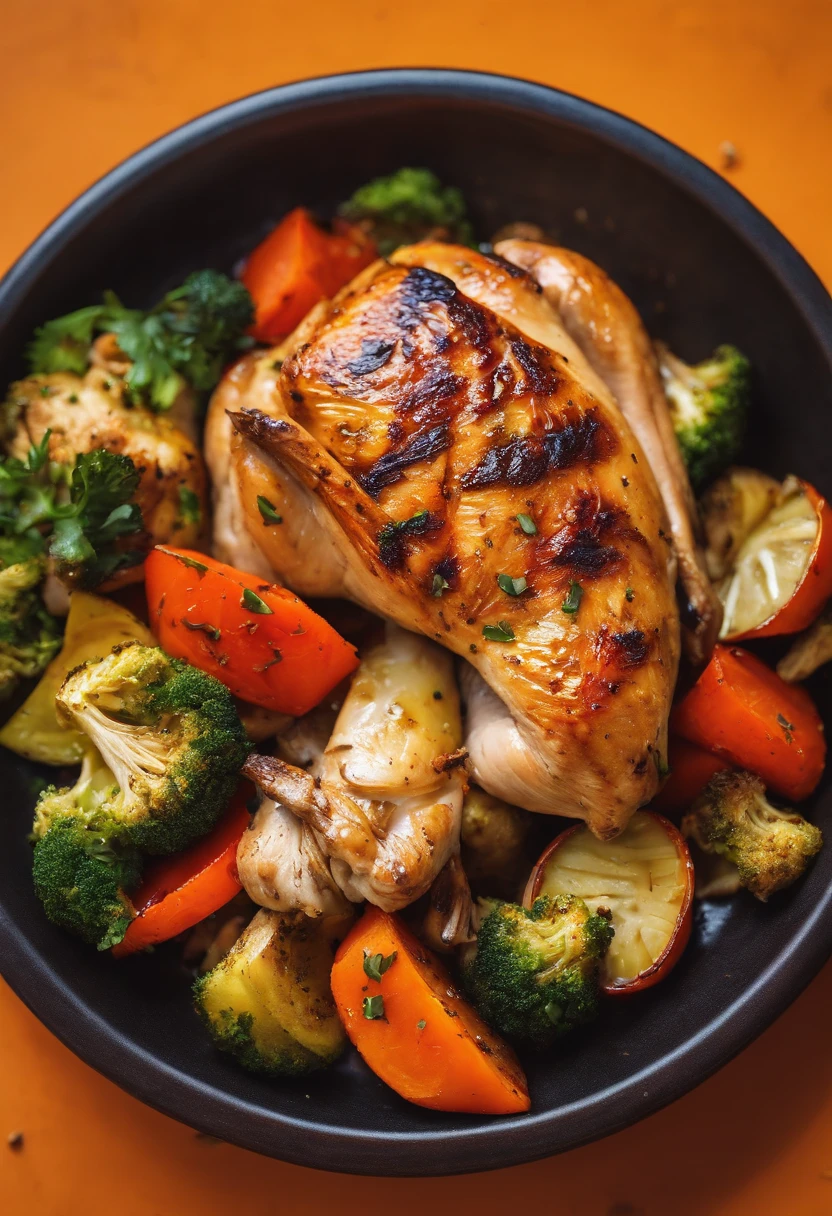 A photo of a colorful plate of roasted vegetables and grilled chicken,original,A tall blonde girl who is very fit, wearing yoga clothing, and always smiling and inspiring , female