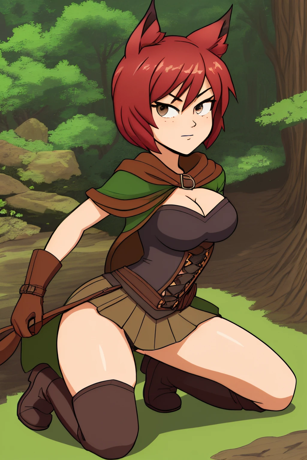 Beautiful 1girl in, full body, ager, Solo, (short pixie cut Hair, undercut red hair: 1.28), ((light gray eyes)),  some small freckles, (dark fox ears: 1.35), pale skin, medium breasts, cleavage, (thin hips, thin waist: 1.25), (arched back:1.12), detailed skin, shy smile, (revealing clothes, brown leather, cowl, cloak, corset, skirt, long boots, buckles, straps, pouches, green fabric, brown leather: 1.1), (action shot, kneeling: 1.21), (detailed magical forest background:1.1), creek, overlooking opening in forest, relaxing, 4k textures, soft light, elegant, highly detailed, sharp focus, soothing tones, insane details, intricate details, hyperdetailed, high contrast, hdr