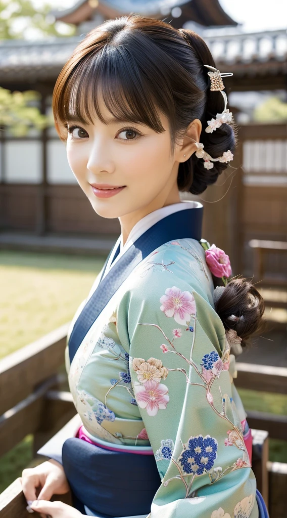 Best Quality, masutepiece, 超A high resolution, (Photorealistic:1.4), Raw photo, One bewitching woman, age 40s,Kimono beauty with a crane pattern, gros-plan, Looking at Viewer, castle town, Long, Hair Ornament,Beautiful photos,is beautiful,fullbody image,
