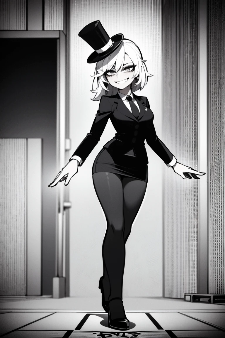 (female monopoly mascot) beauty, white hair, smiling, tiny cartoon of a business woman (mature, adult) in a top hat and suit, tight skirt, walking_stick, monopoly, capitalist, rich, full body, (pencil_sketch) (black and white palette) monochrome, solo