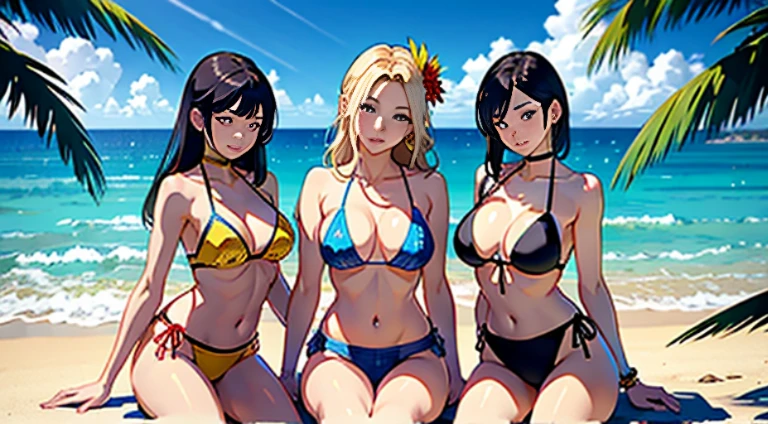 ​masterpiece、top-quality、超A high resolution、 [ 4 k digital art ]!!、 8k high quality detailed art、Wallpaper、 Detailed Digital Anime Art、Realisticity、Cinema Angle、hposing Gravure Idol、(((Three Beautiful Girls)))、cute  face、 ((Detailed depiction of a beautiful face))、kindly smile、年轻、Bikini swimwear、Photorealistic perfect body、(Bold ethnic patterns wrapped around the waist and skirt and plenty of primary colors)、light Particle、llight rays、Tropical、Against the background of palm trees、beach side、on a sunny beach、Against the background of the sea、blur backgroun、