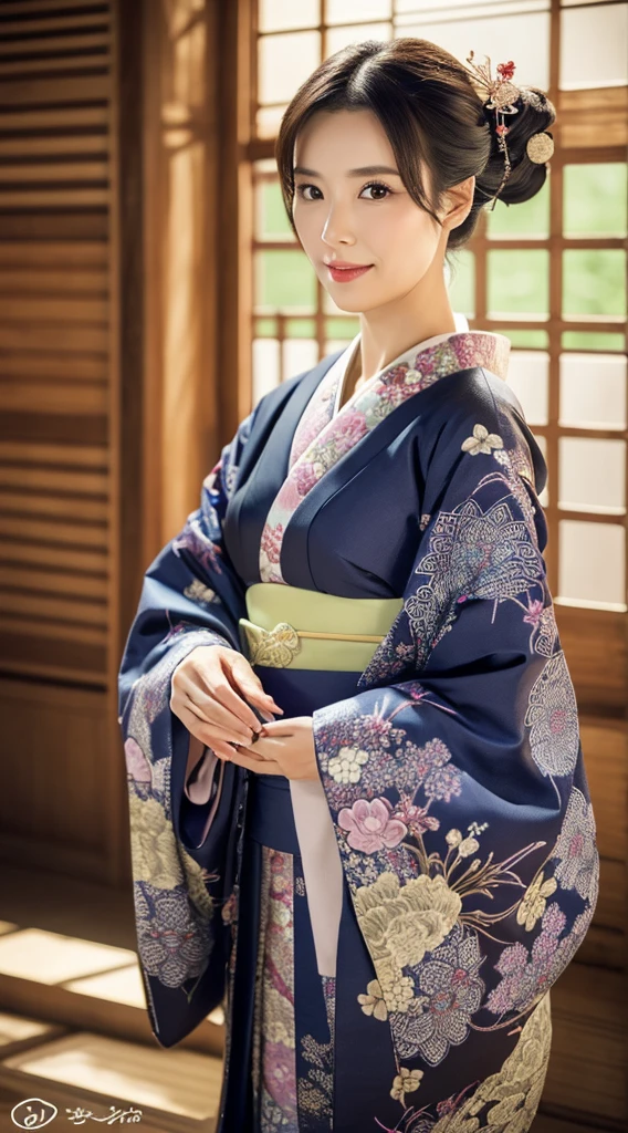 Best Quality, masutepiece, 超A high resolution, (Photorealistic:1.4), Raw photo, One bewitching woman, age 40s,Kimono beauty with a crane pattern, gros-plan, Looking at Viewer, castle town, Long, Hair Ornament,Beautiful photos,is beautiful,fullbody image,