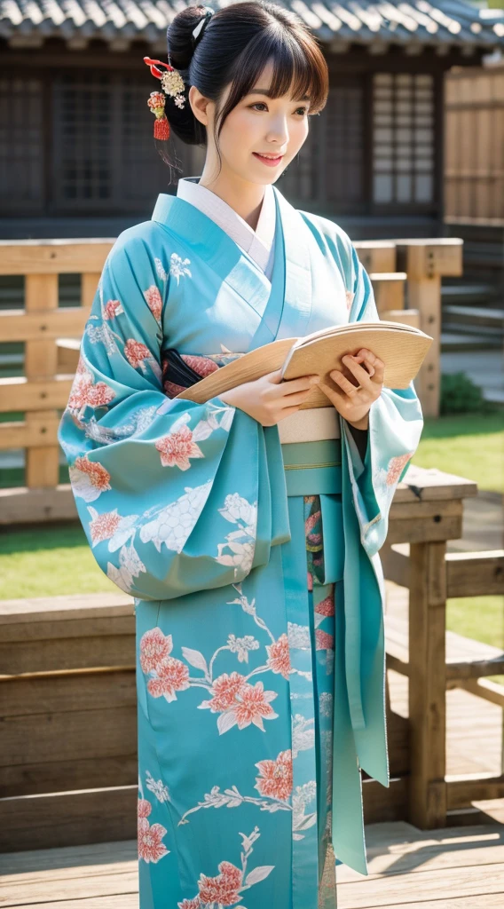Best Quality, masutepiece, 超A high resolution, (Photorealistic:1.4), Raw photo, One bewitching woman, age 40s,Kimono beauty with a crane pattern, gros-plan, Looking at Viewer, castle town, Long, Hair Ornament,Beautiful photos,is beautiful,fullbody image,