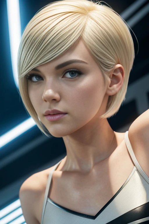 4k highly detailed realistic gwen stacey from Marvel comics, blonde short undercut bob hairstyle, ((sharp Jawline)), (full body Including Legs), Seduction and fantastic poses