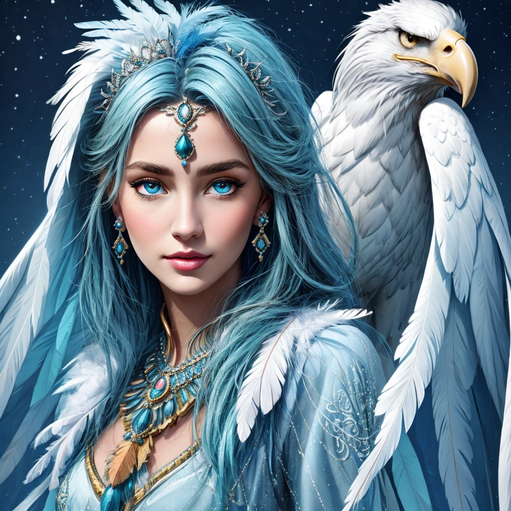 (1 woman face:1,5), (1 eagle head:1,5), (The eagle's head touches the woman's cheek with its beak), woman with feathers and feathers on her face next to a large eagle head, at the Woman (face partially covered with feathers) azure color, the face is depicted in great detail, the eagle's head is depicted in great detail, clear and detailed image of feathers, feathers the color of azure water, feathers emit glare, the feathers on the head and face sparkle, the image contains the color of the depth of the azure sea, intricate detials, Intricate Patterns, woman's facial skin depicted in detail, eyes are pronounced, woman's eyes detailed displayed, eagle eyes detailed displayed, beautiful digital art, Icy Eyes, fantasy woman, The Goddess of Winter, beautiful fantasy art portrait, digital art fantasy, Ice Blue Eyes, beautiful fantasy art, Very beautiful digital art
