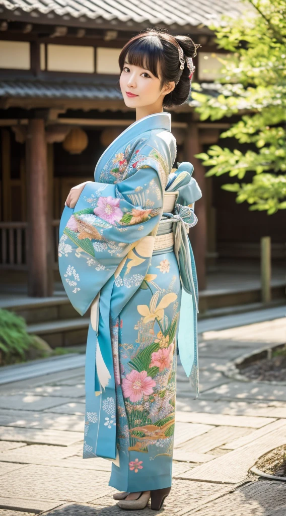 Best Quality, masutepiece, 超A high resolution, (Photorealistic:1.4), Raw photo, One bewitching woman, age 40s,Kimono beauty with a crane pattern, gros-plan, Looking at Viewer, castle town, short-hair, Hair Ornament,Beautiful photos,is beautiful,fullbody image,