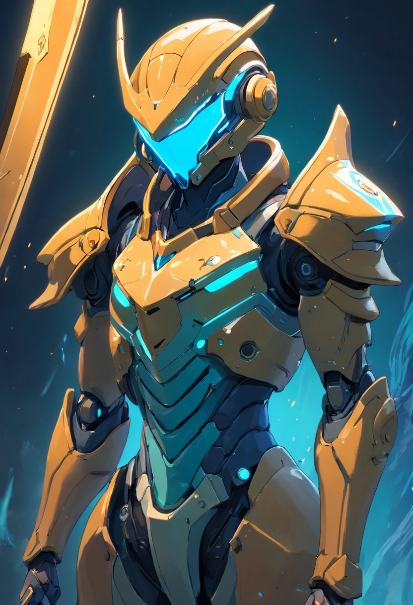 (Meisterwerk:1.2), best quality, high resolution, Unity 8K Hintergrundbild, (Illustration:1.0), Beautiful detailed, Extrem detailliert, Perfekte Beleuchtung, extrem detaillierter CG,Leuchtende Augen,Hintergrundbeleuchtung, , armour, Falsch_Geweih, glowing, voll_armour,WARFRAME,humanoid_Roboter,Geweih,Helm,Maske,Probe_Hintergrund,Waffe, Ungeheuer, blau_armour,, Blick auf den Betrachter,nur,Perspektive,
