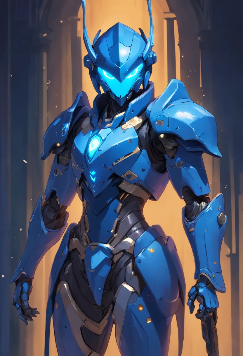 (Meisterwerk:1.2), best quality, high resolution, Unity 8K Hintergrundbild, (Illustration:1.0), Beautiful detailed, Extrem detailliert, Perfekte Beleuchtung, extrem detaillierter CG,Leuchtende Augen,Hintergrundbeleuchtung, , armour, Falsch_Geweih, glowing, voll_armour,WARFRAME,humanoid_Roboter,Geweih,Helm,Maske,Probe_Hintergrund,Waffe, Ungeheuer, blau_armour,, Blick auf den Betrachter,nur,Perspektive,