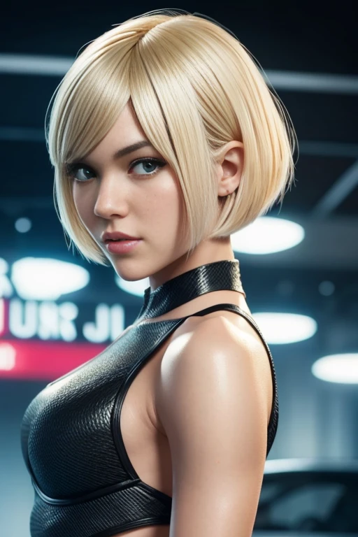 4k highly detailed realistic gwen stacey from Marvel comics, blonde short undercut bob hairstyle, ((sharp Jawline)), (full body Including Legs), Seduction and fantastic poses
